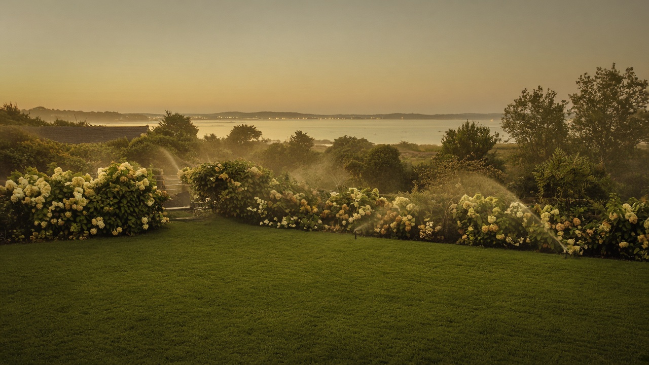 Coastal Nantucket garden with even irrigation mist