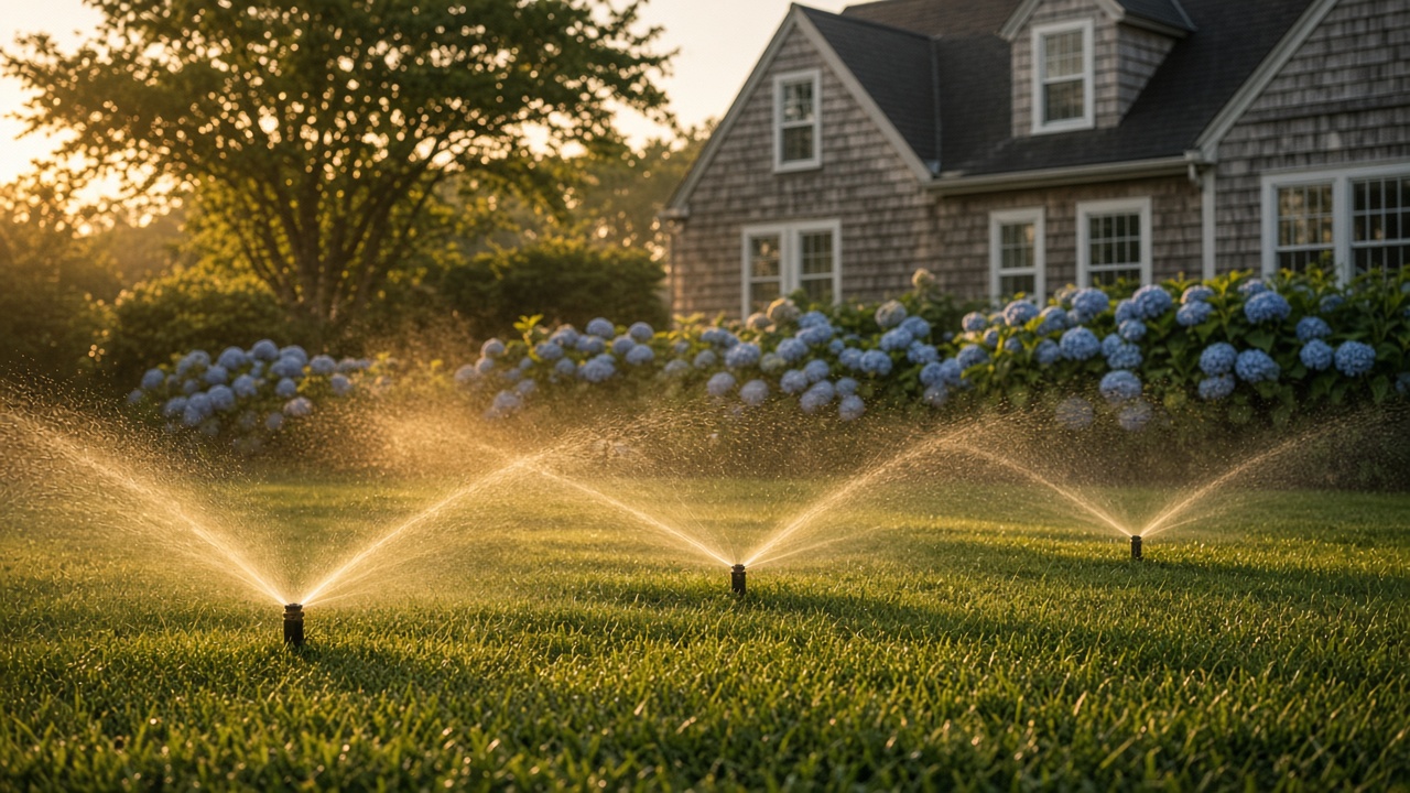 Pop-up sprinklers watering a Nantucket lawn at golden hour