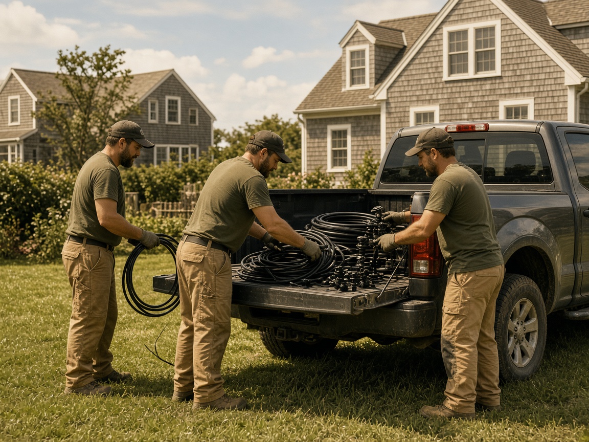 Irrigation crew loading pipe and heads on a Nantucket lawn
